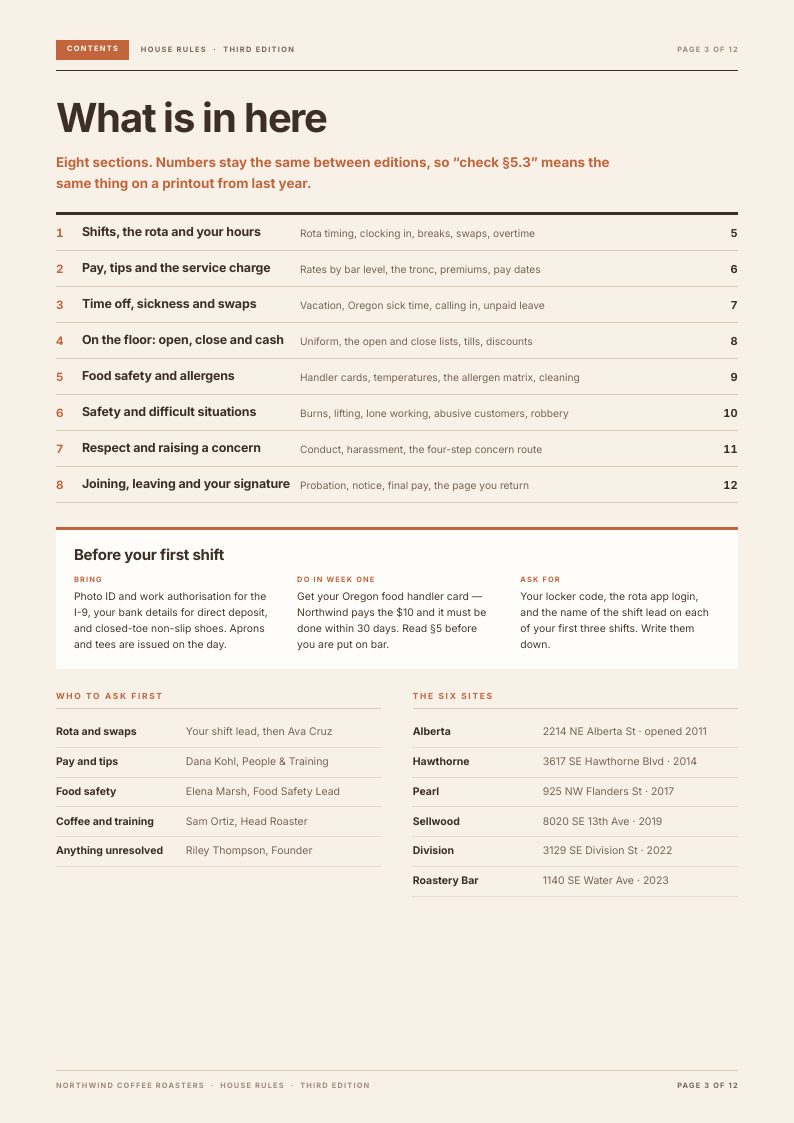 Counter Column employee handbook template, page 3 of 12