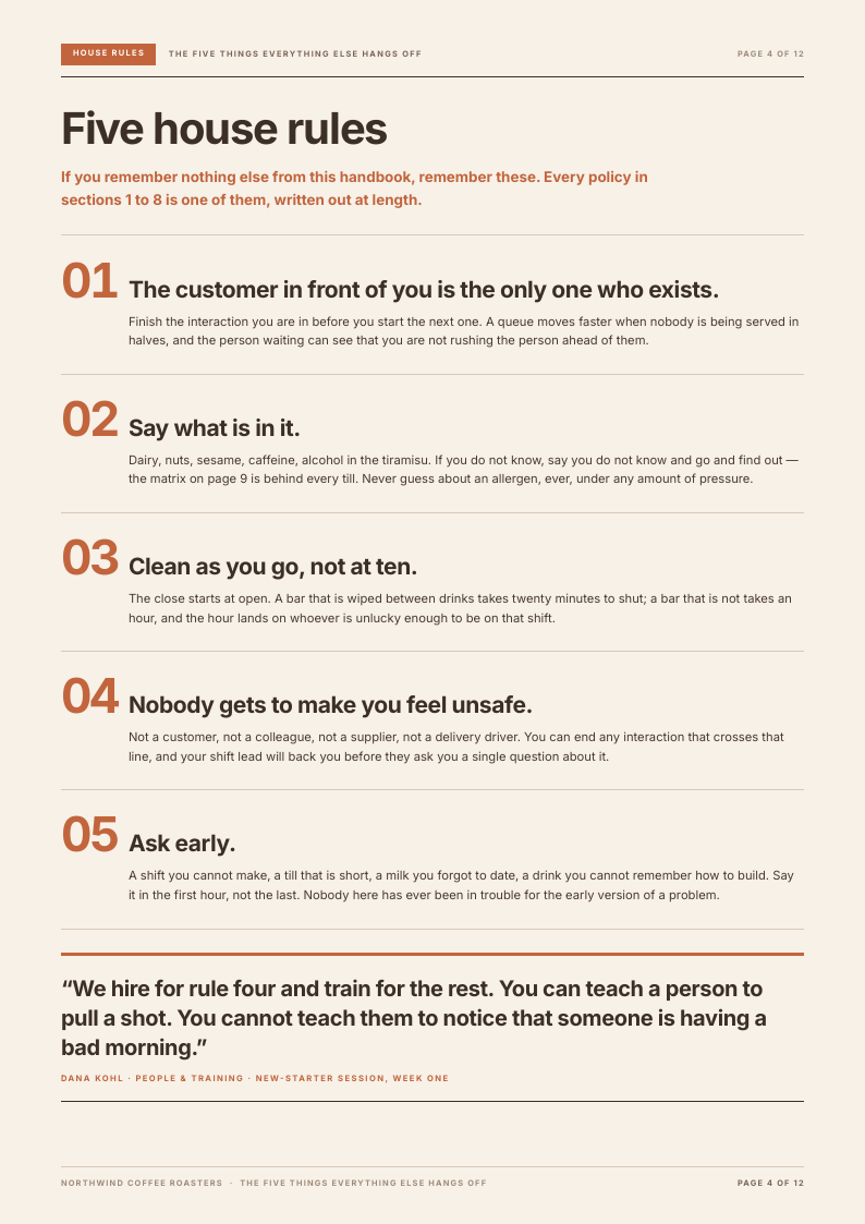 Counter Column employee handbook template, page 4 of 12