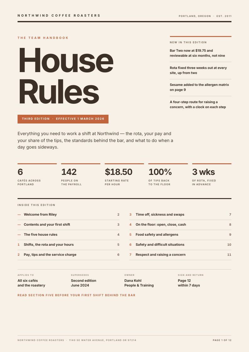Counter Column employee handbook template, page 1 of 12