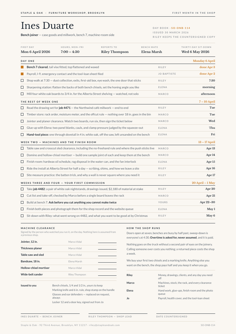 Day Book — onboarding checklist template, Minimal, type-led layout, rendered from live data
