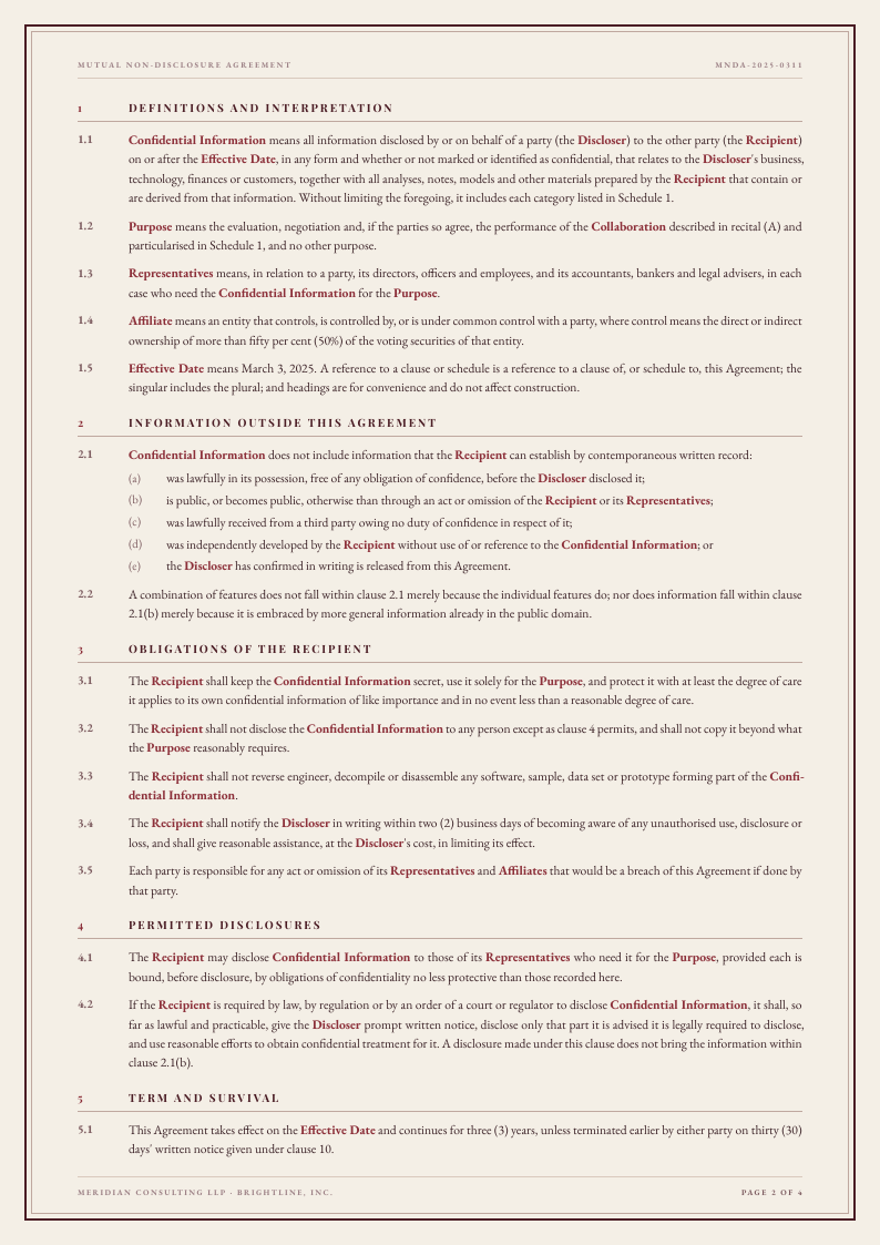 Deed Border NDA template, page 2 of 4