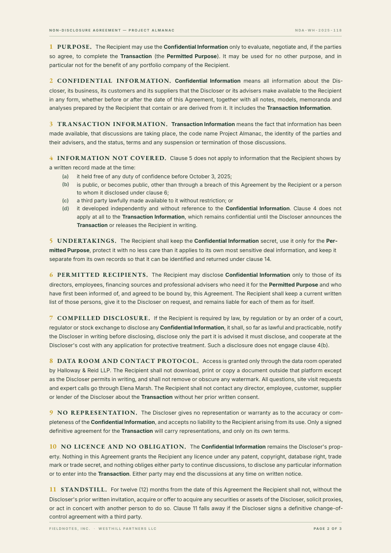 One Edge NDA template, page 2 of 3