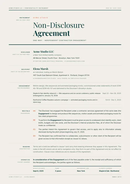 Shoulder Note — NDA template, Editorial serif layout, rendered from live data