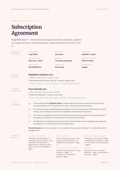 Open Measure — Service agreement template, Minimal, type-led layout, rendered from live data