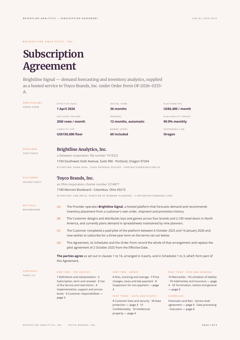 Open Measure service agreement template, page 1 of 6