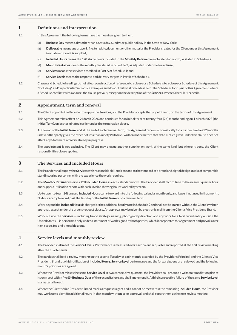 Quarto Rule service agreement template, page 2 of 6