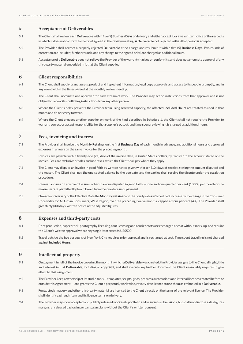 Quarto Rule service agreement template, page 3 of 6