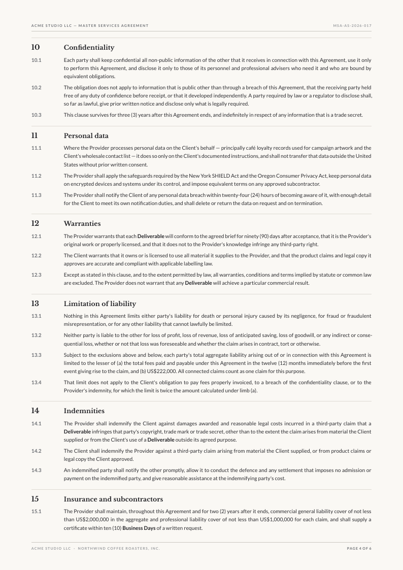 Quarto Rule service agreement template, page 4 of 6