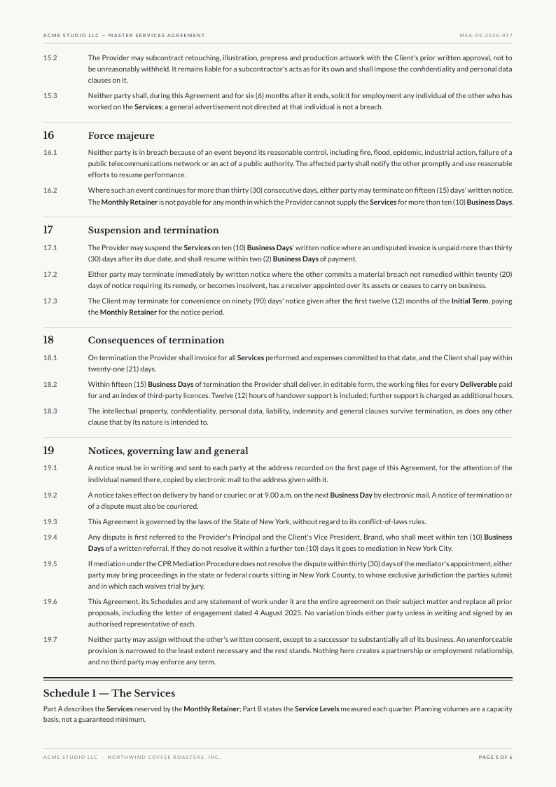 Quarto Rule service agreement template, page 5 of 6