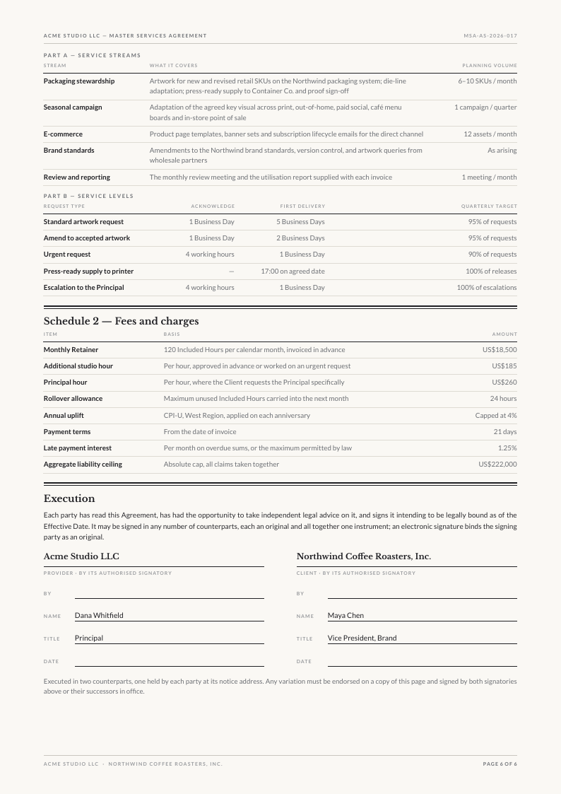Quarto Rule service agreement template, page 6 of 6