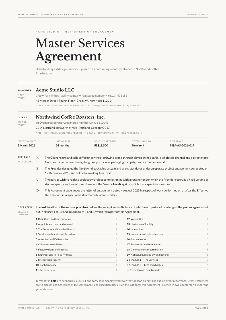 Quarto Rule service agreement template, page 1 of 6