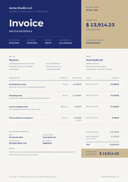 Stub Band — Odoo invoice template, Band header layout, rendered from live data