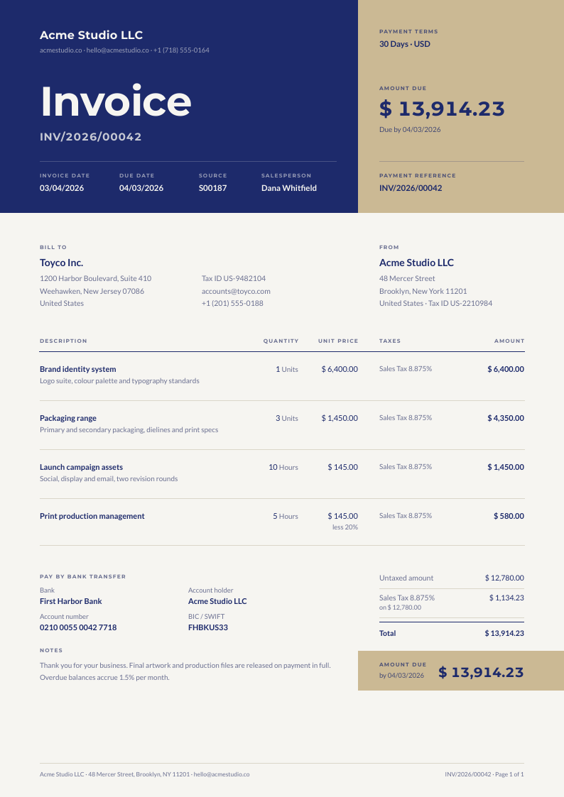 Stub Band — Odoo invoice template, Band header layout, rendered from live data