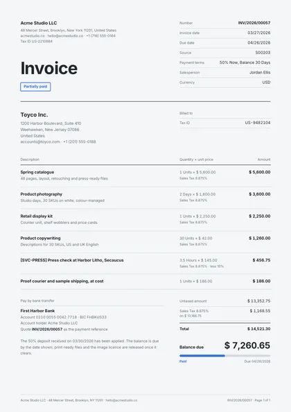Tally Margin — Odoo invoice template, Minimal, type-led layout, rendered from live data