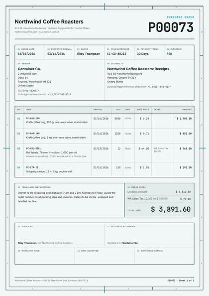 Datum Sheet — Odoo purchase order template, Boxed form planner layout, rendered from live data