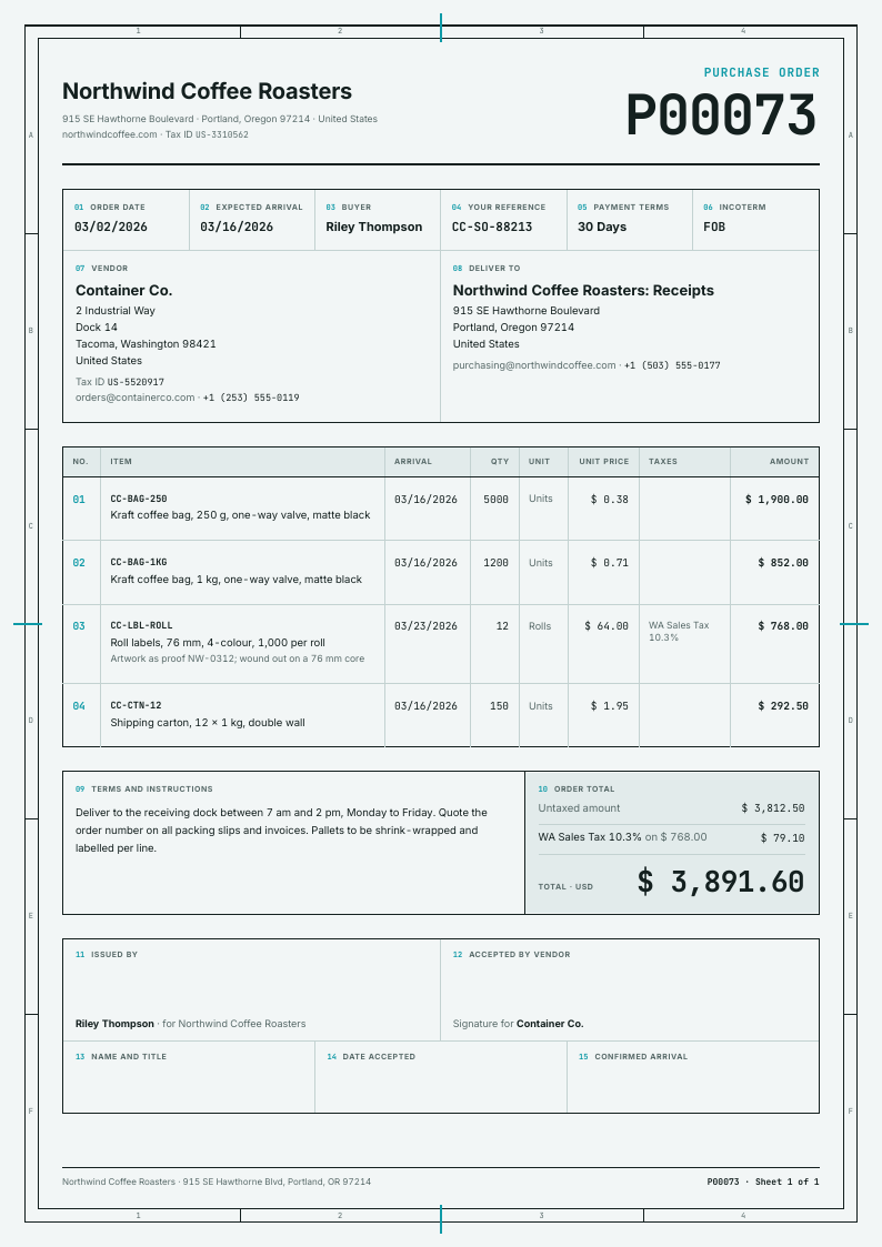 Datum Sheet — Odoo purchase order template, Boxed form planner layout, rendered from live data