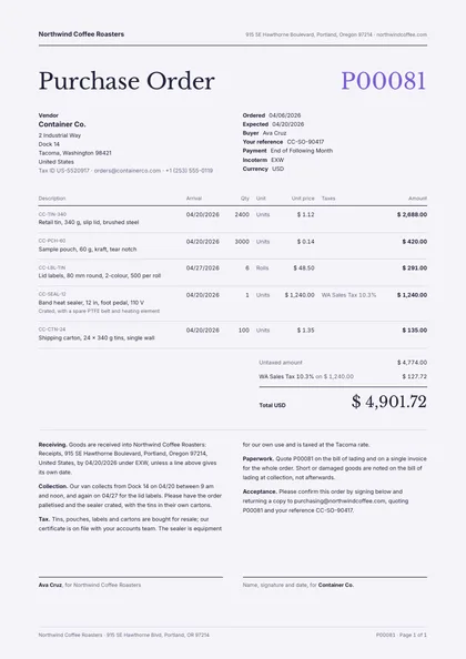 Quiet Folio — Odoo purchase order template, Minimal, type-led layout, rendered from live data