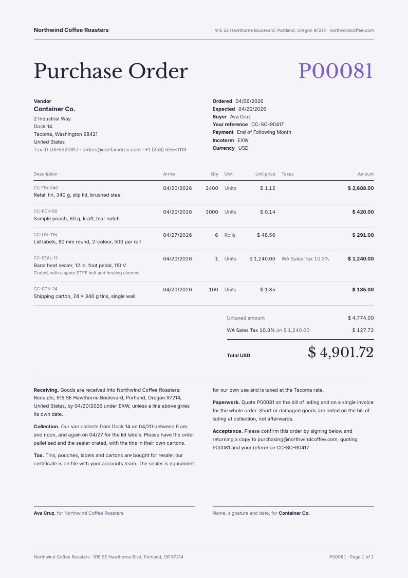 Quiet Folio — Odoo purchase order template, Minimal, type-led layout, rendered from live data