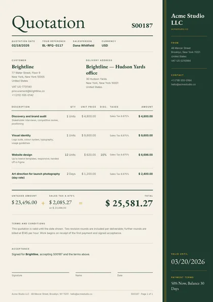 Gilt Edge — Odoo quotation template, Side rail layout, rendered from live data