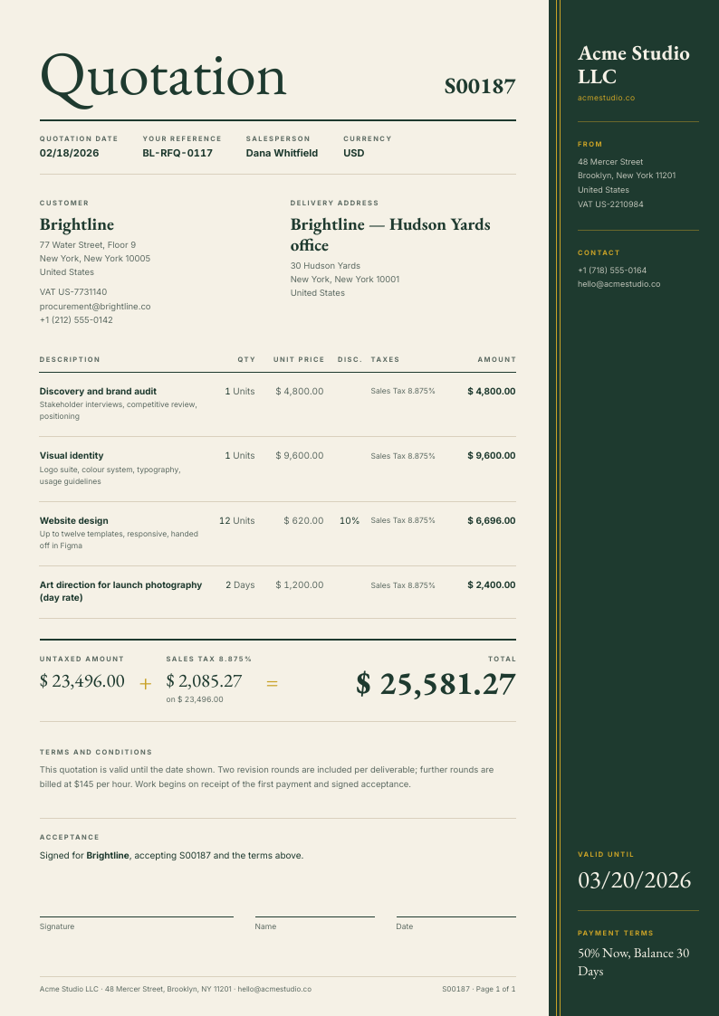 Gilt Edge — Odoo quotation template, Side rail layout, rendered from live data