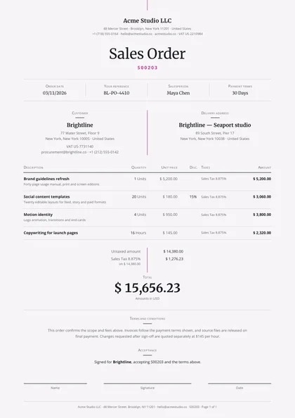 Midline — Odoo quotation template, Minimal, type-led layout, rendered from live data