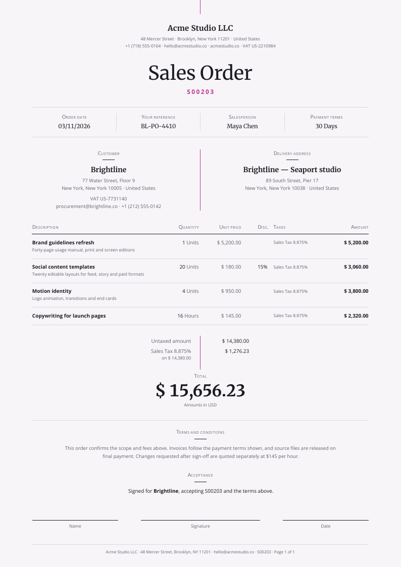 Midline — Odoo quotation template, Minimal, type-led layout, rendered from live data