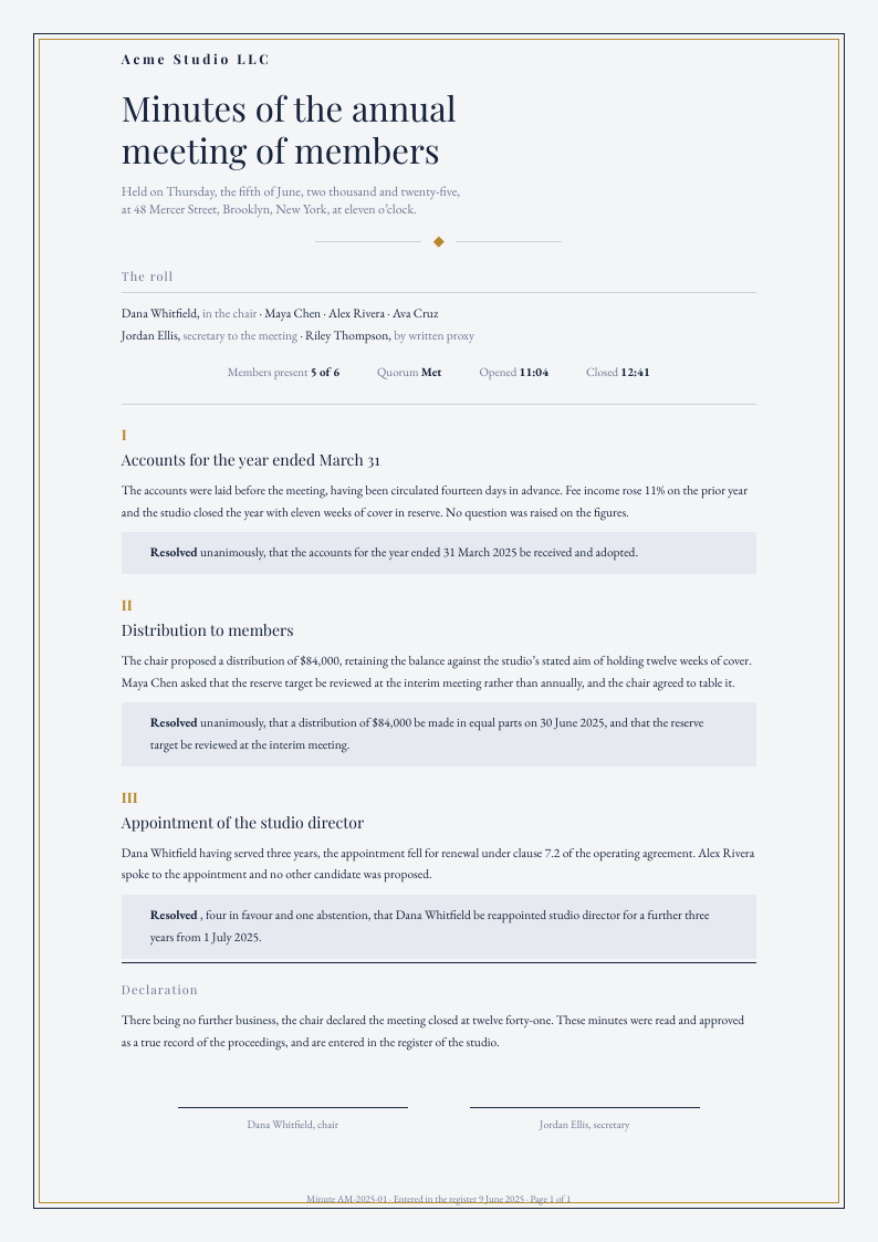 Assembly — meeting minutes template, Framed ceremonial layout, rendered from live data