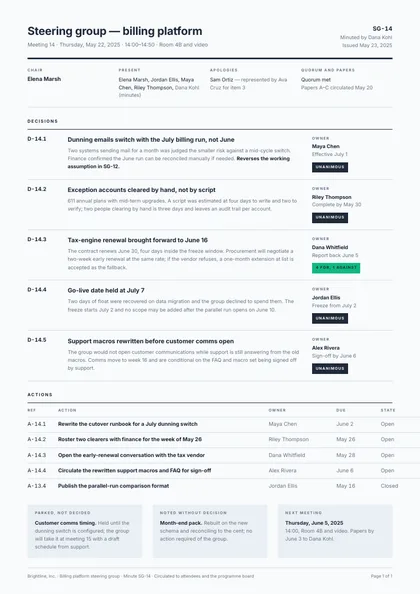 Decision Ledger — Meeting minutes template, Swiss grid layout, rendered from live data