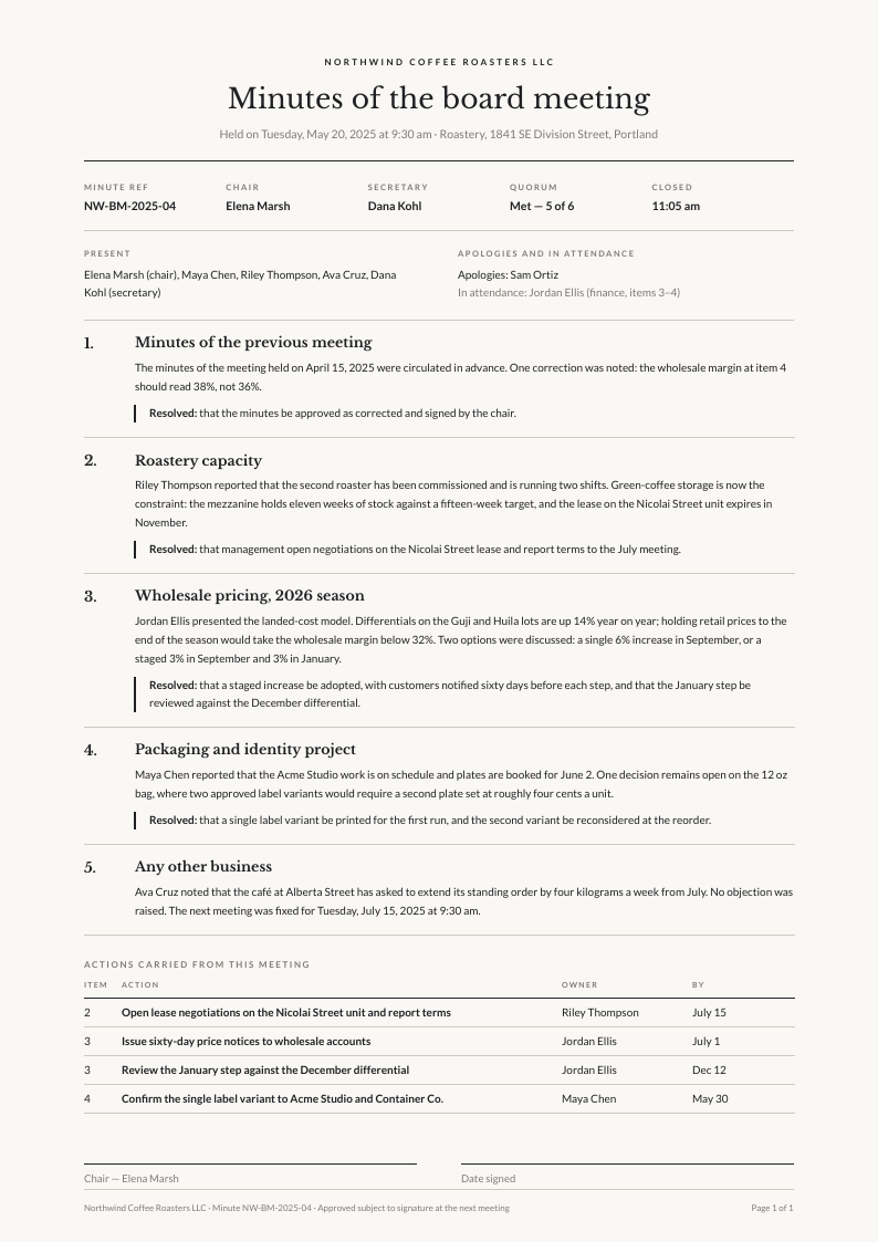 Minute Book — meeting minutes template, Editorial serif layout, rendered from live data