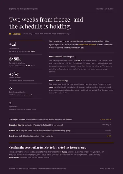 Inkfield — Project status template, Editorial serif layout, rendered from live data