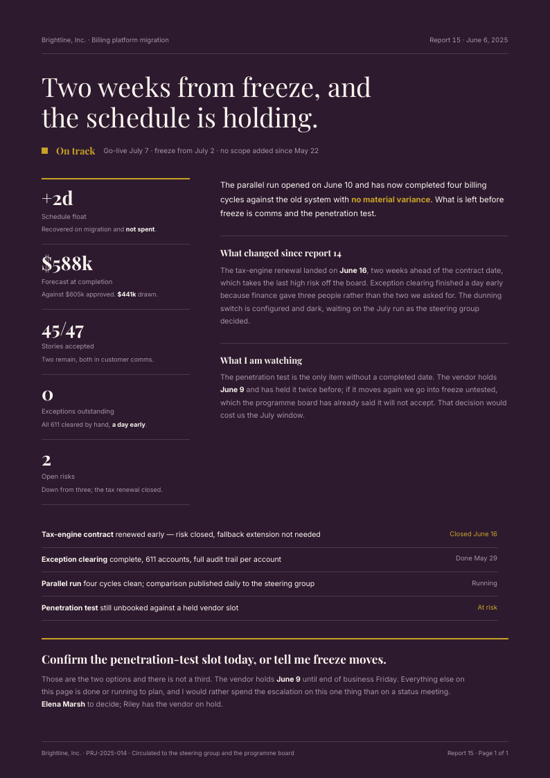 Inkfield — project status template, Editorial serif layout, rendered from live data