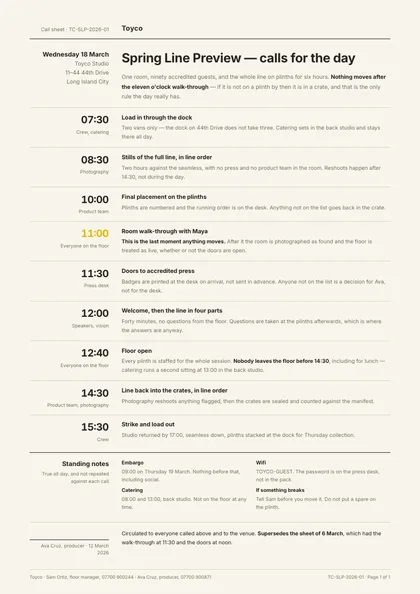 Call Board — Run of show template, Minimal, type-led layout, rendered from live data