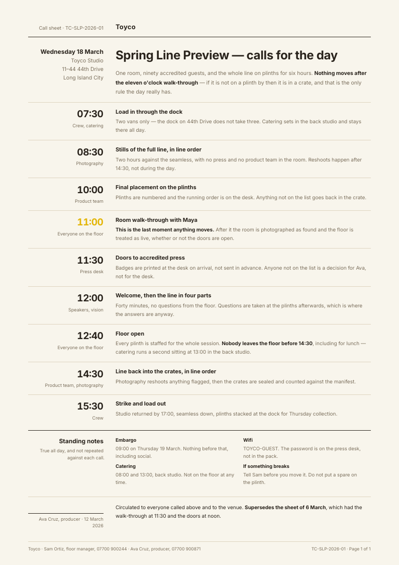 Call Board — run of show template, Minimal, type-led layout, rendered from live data