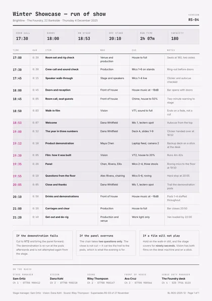 Cue Sheet — Run of show template, Boxed form planner layout, rendered from live data