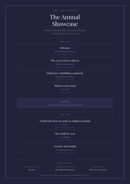 Stage Black — Run of show template, Framed ceremonial layout, rendered from live data
