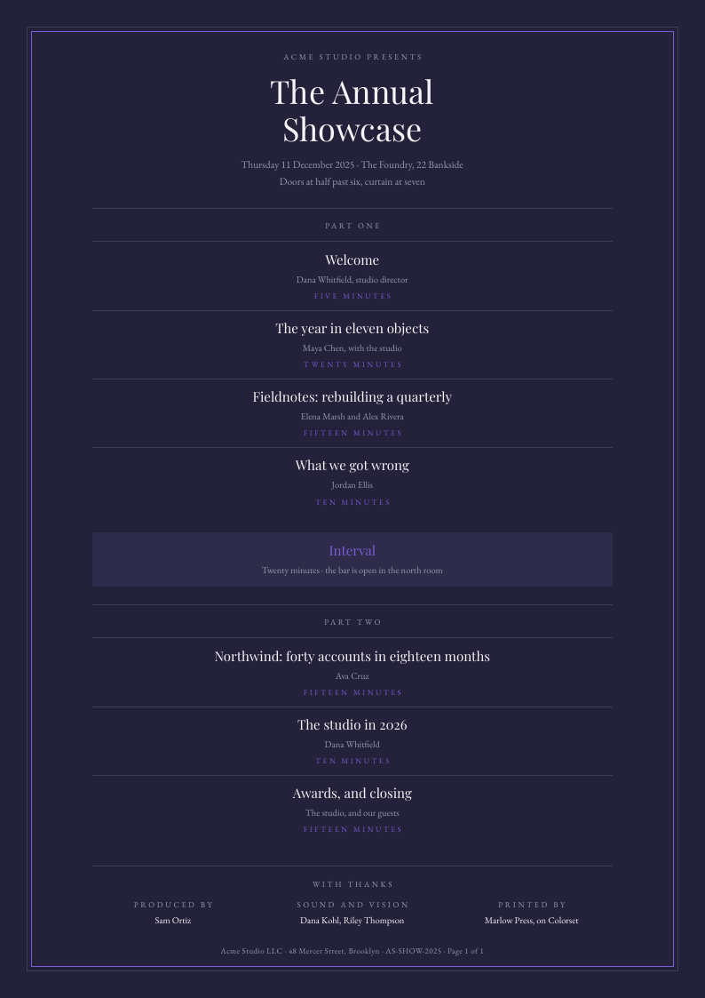 Stage Black — run of show template, Framed ceremonial layout, rendered from live data