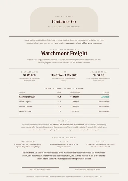 Award Notice — Vendor comparison template, Organic arches layout, rendered from live data