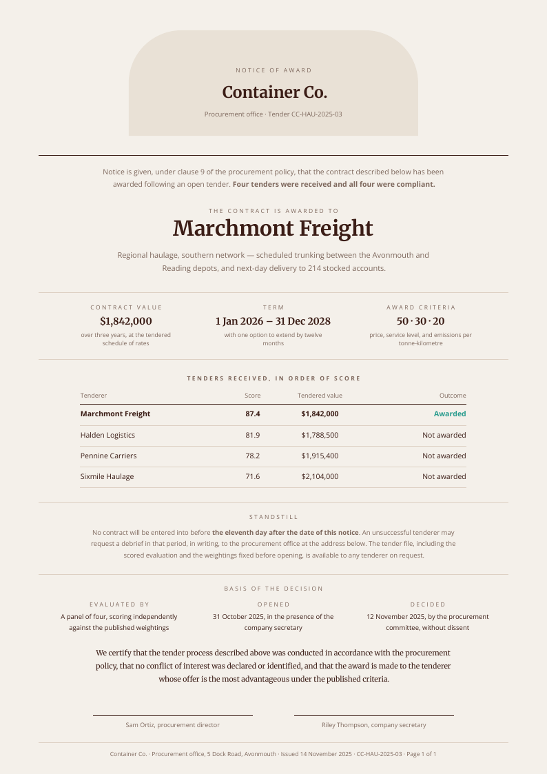 Award Notice — vendor comparison template, Organic arches layout, rendered from live data