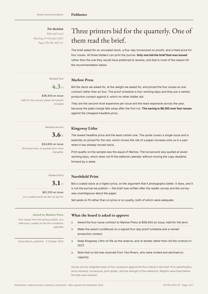 Weighted Margin — vendor comparison template, Minimal, type-led layout, rendered from live data