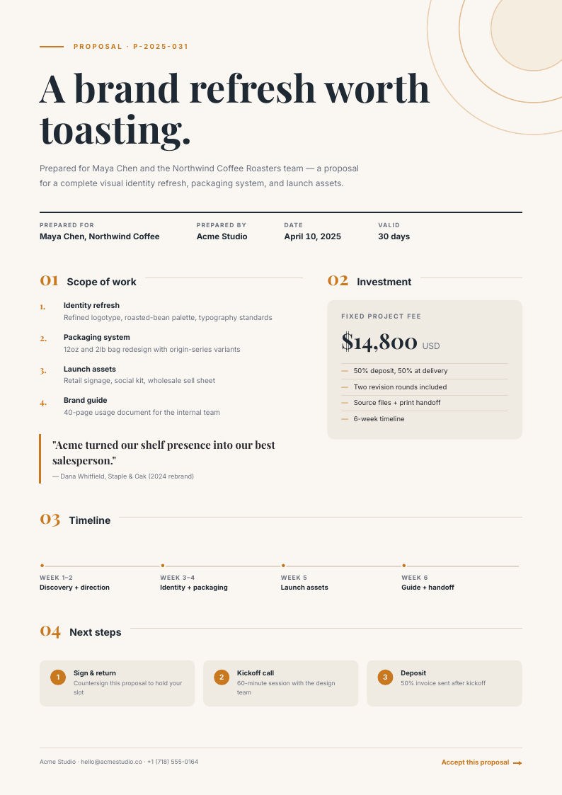 Editorial Ochre — business proposal template, Editorial serif layout, rendered from live data