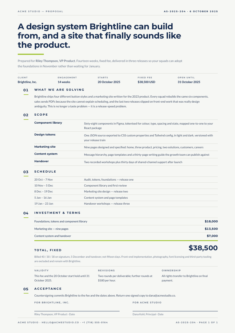 Margin Index — business proposal template, Minimal, type-led layout, rendered from live data