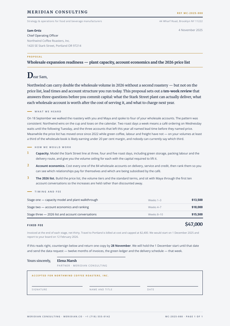 Brass Letter — consulting proposal template, Minimal, type-led layout, rendered from live data