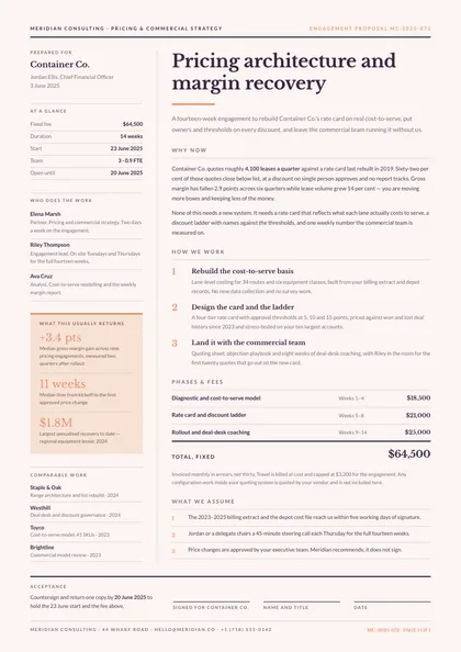 Fact Column — Consulting proposal template, Two-column magazine layout, rendered from live data