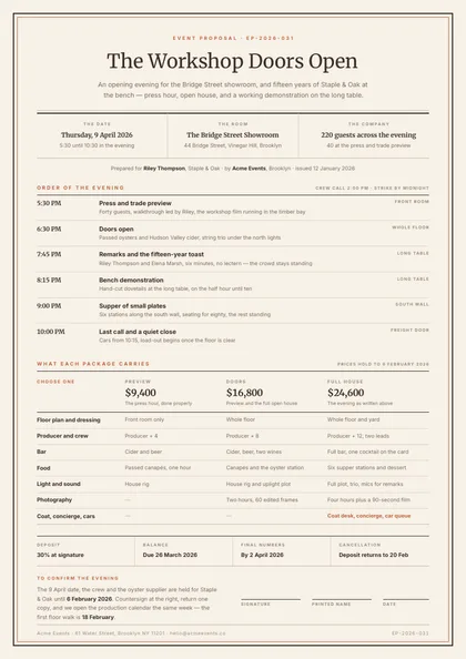 Engraved Plate — Event proposal template, Framed ceremonial layout, rendered from live data