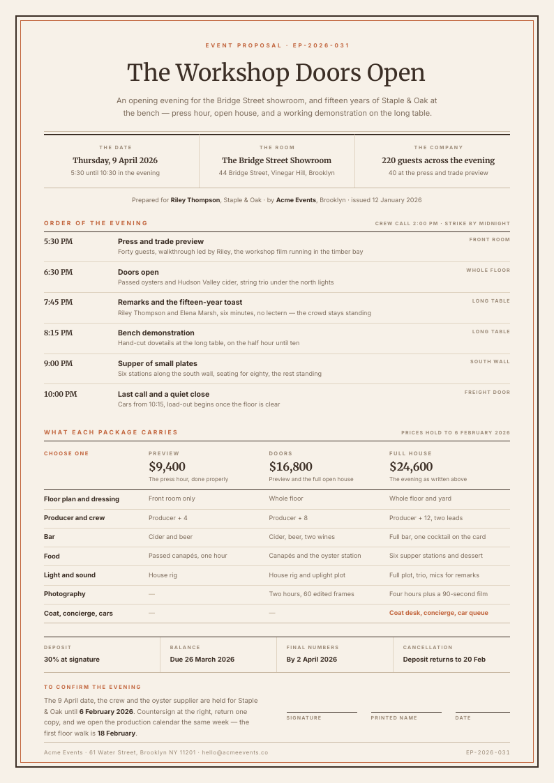 Engraved Plate — event proposal template, Framed ceremonial layout, rendered from live data