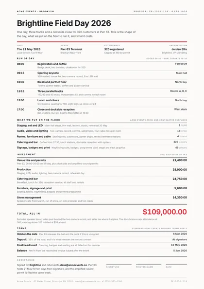 Signal Axis — Event proposal template, Minimal, type-led layout, rendered from live data