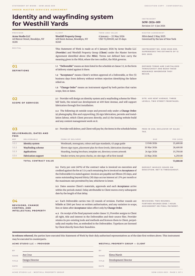 Hairline Grid — statement of work template, Swiss grid layout, rendered from live data