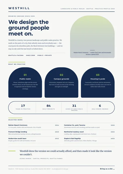 Colonnade — Company brochure template, Organic arches layout, rendered from live data