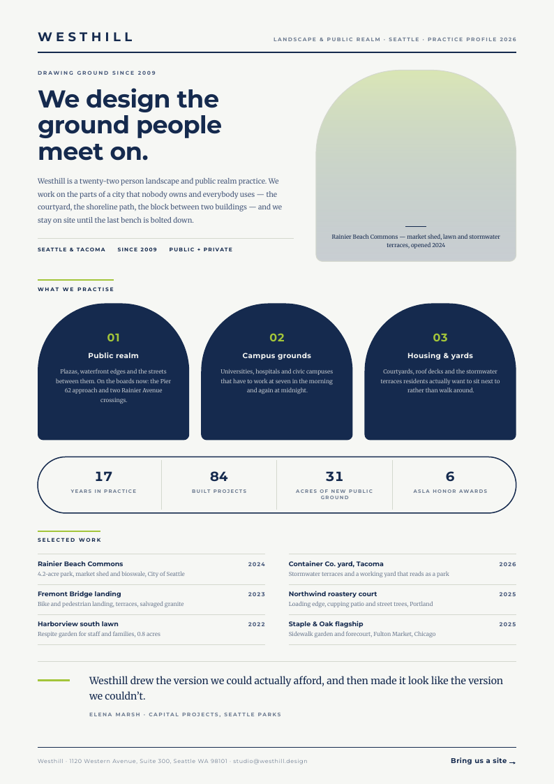 Colonnade — company brochure template, Organic arches layout, rendered from live data
