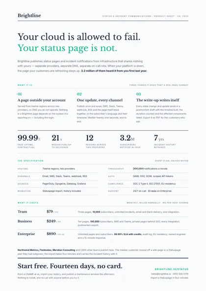 Spec Column — Product one-pager template, Minimal, type-led layout, rendered from live data